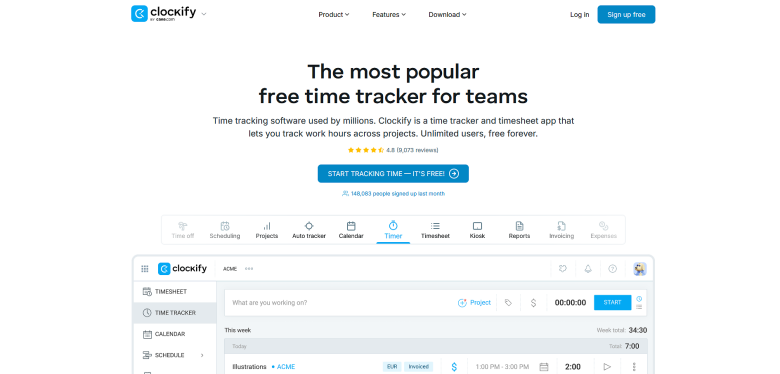 A screenshot of the homepage for Clockify