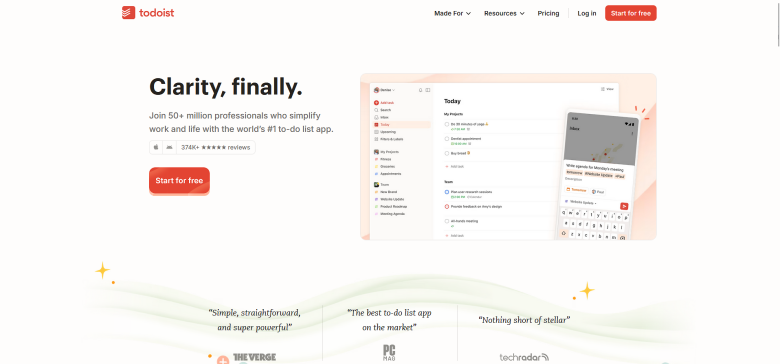 A screenshot of the homepage for Todoist
