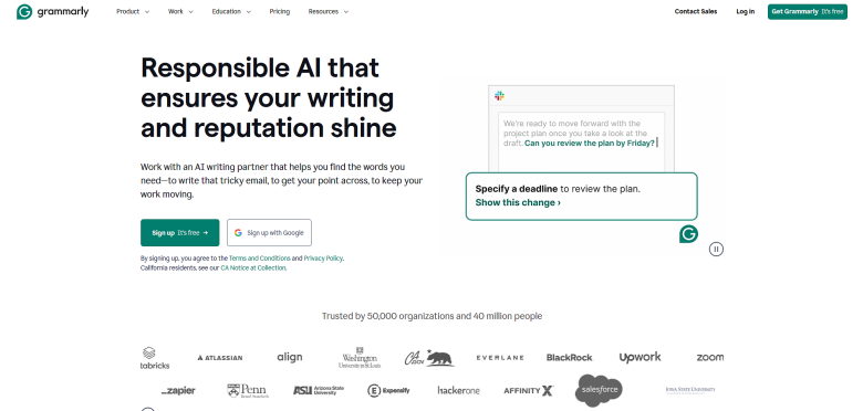 A screenshot of the homepage for Grammarly