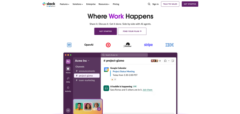 A screenshot of the homepage for Slack