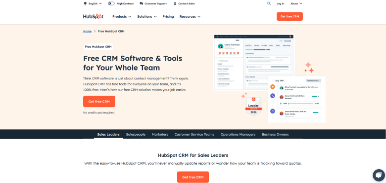 A screenshot of the homepage for HubSpot CRM
