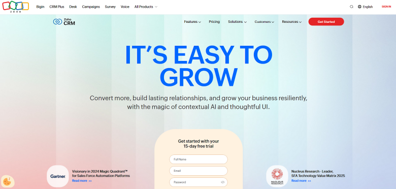 A screenshot of the homepage for Zoho CRM
