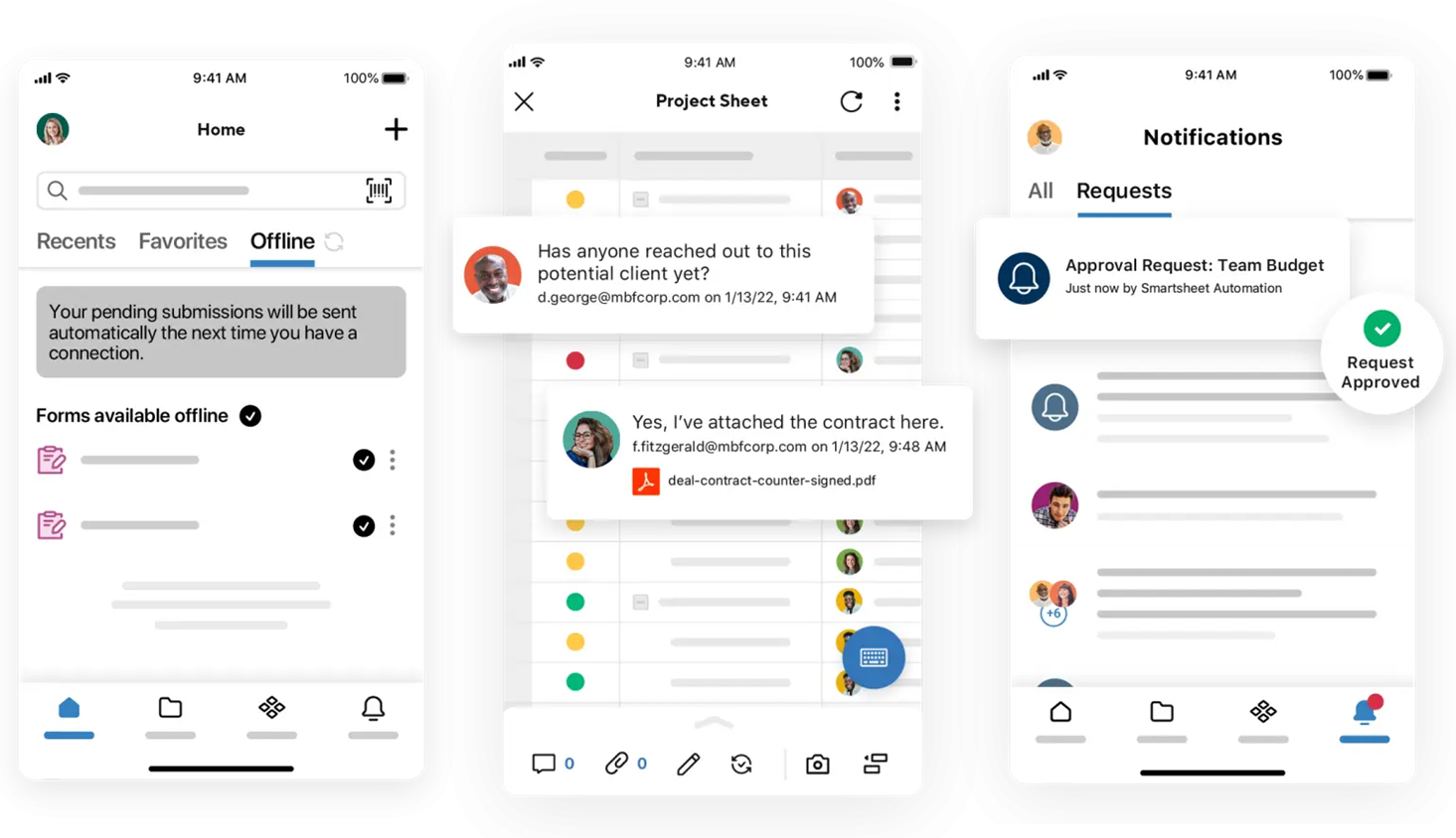 Smartsheet iOS app showing offline mode, project sheet, and notifications tab