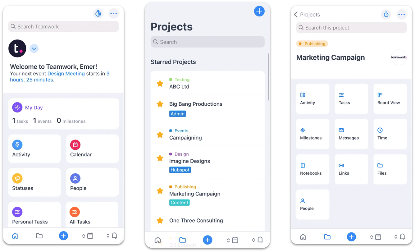 Teamwork mobile app showing project overview and project dashboard