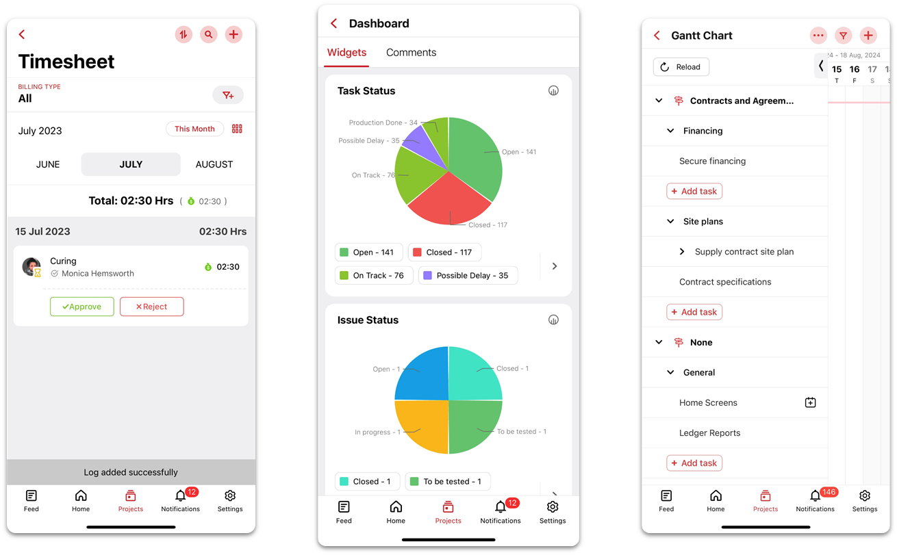 Zoho Projects mobile app showing timesheet, dashboard, and Gantt chart views