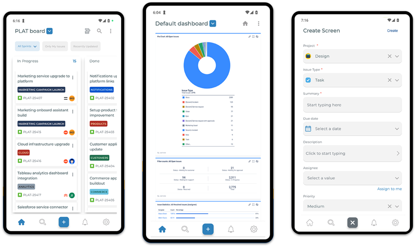 Jira mobile app showing mobile board view, dashboard, and task creation screen
