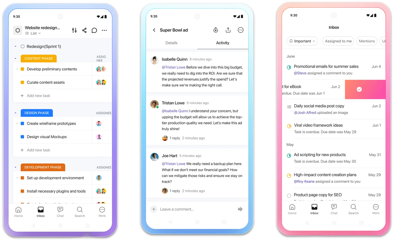 ClickUp mobile app showing project list view, chat function, and in-app messaging