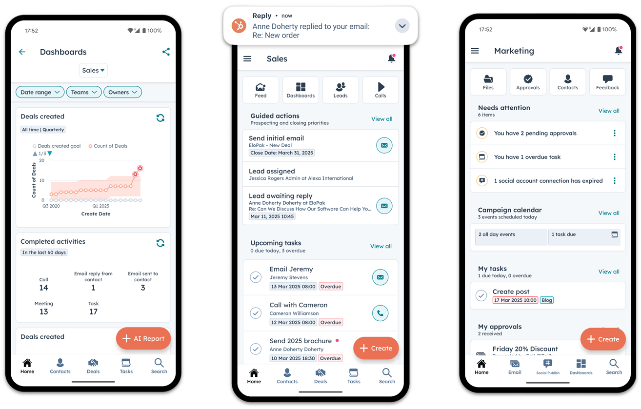 HubSpot mobile app showing dashboard, Sales, and Marketing tabs