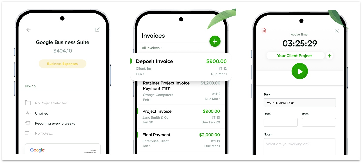 Bonsai mobile app showing task page, invoices, and time tracking function