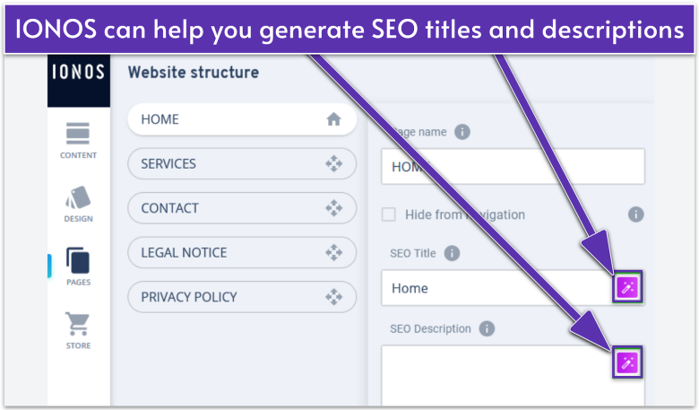 IONOS's interface showing its AI SEO text generator tools