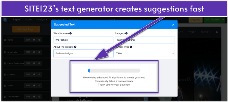 SITE123's editor showing its AI text generator loading