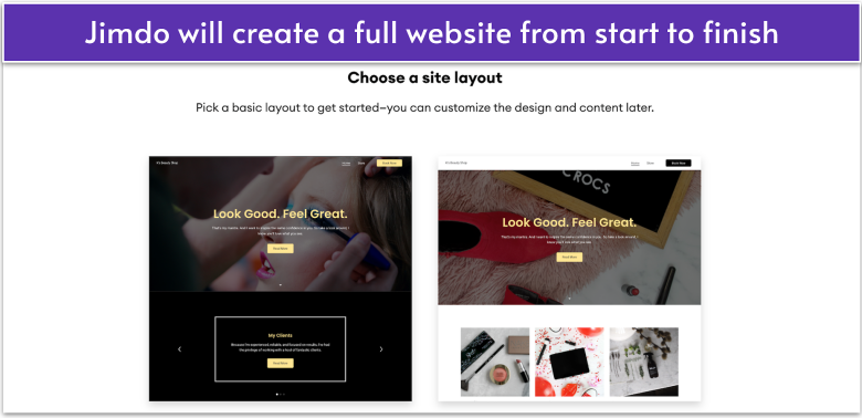 Jimdo's AI interface showing two website layout options