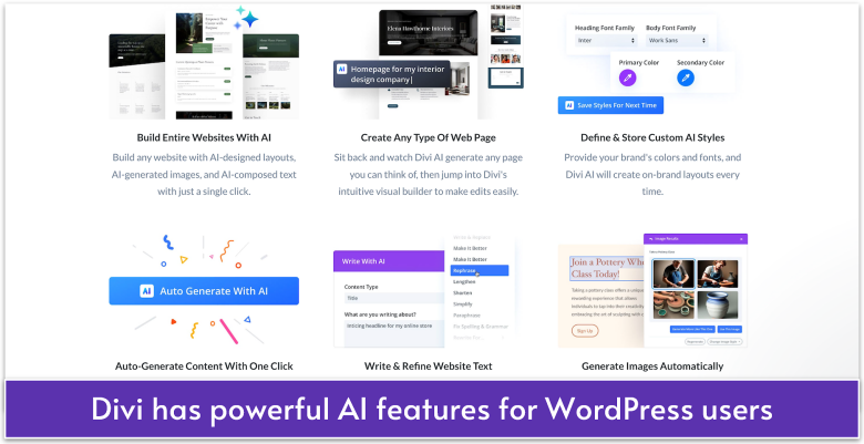 Divi's AI features arranged in a grid format