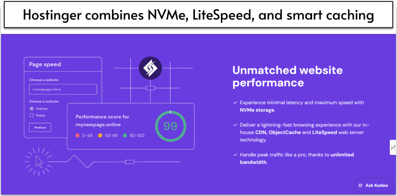 Hostinger's list of website performance features
