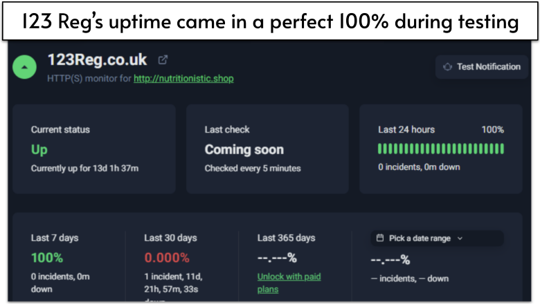 123 Reg UptimeRobot results showing 100% uptime over 30 days