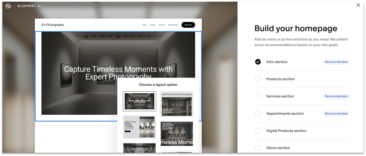 Image showing Squarespace's Blueprint AI suggesting pages users can add to their website