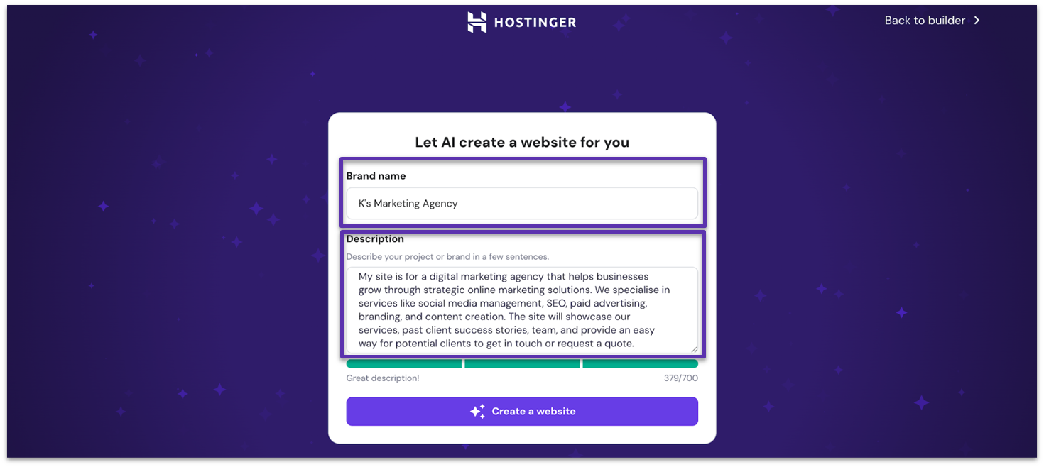 Hostinger's interface showing the website setup questions its AI asks users