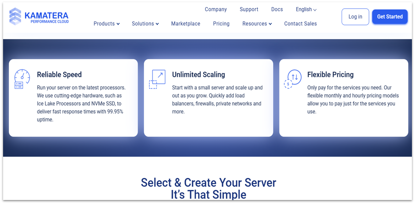 Kamatera page showing a feature list for its cloud hosting