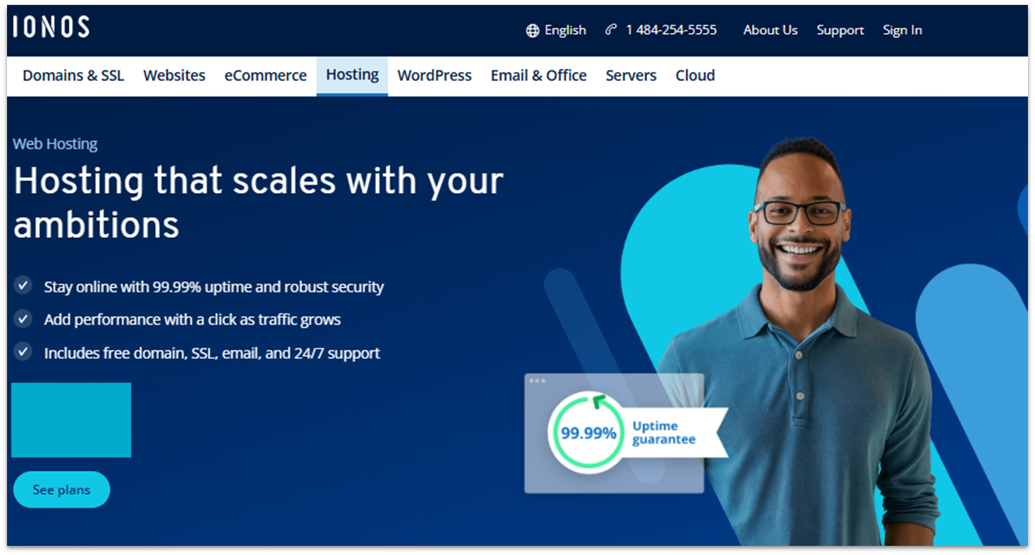 IONOS' web hosting page showing a list of included features