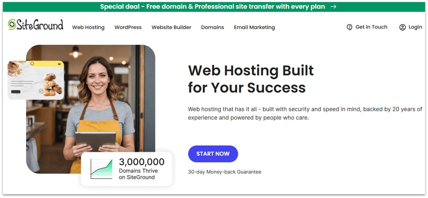 SiteGround's web hosting page showing a description of its service