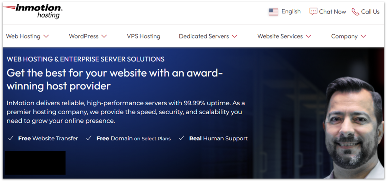 InMotion Hosting web hosting page showing a list of included features