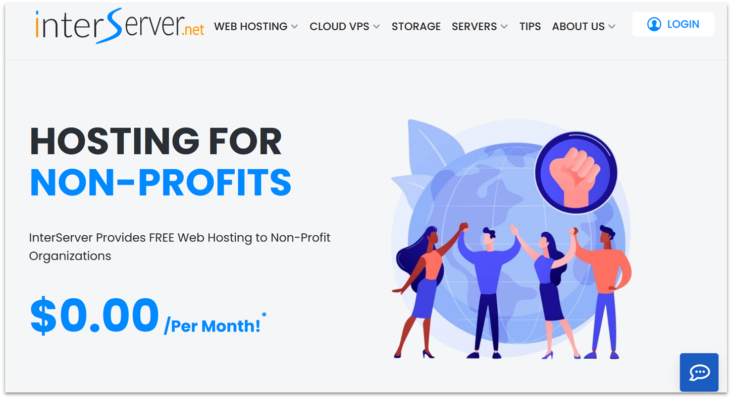 InterServer page showcasing its free hosting for non-profits