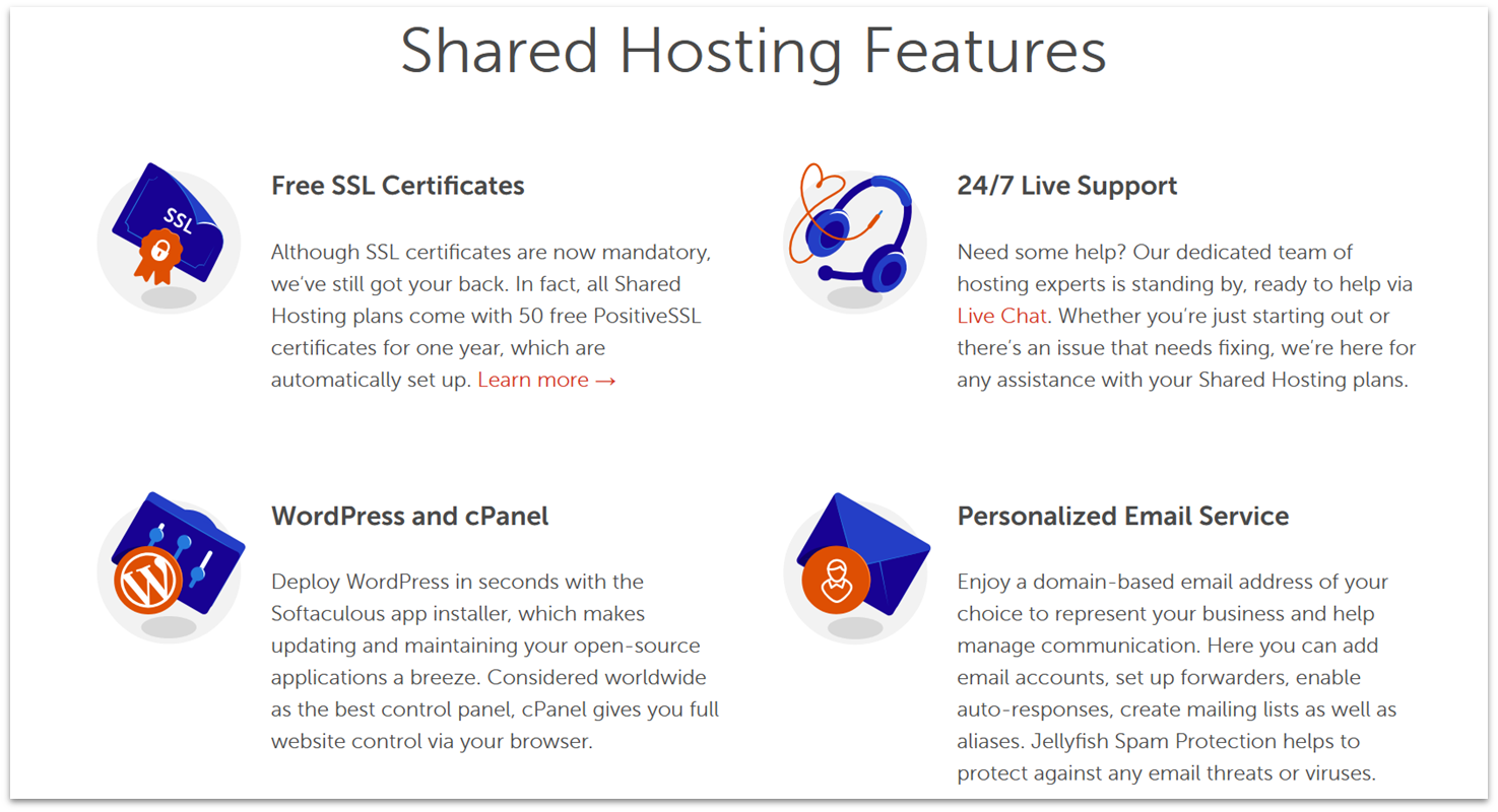 NameCheap's shared hosting page showing a list of included features