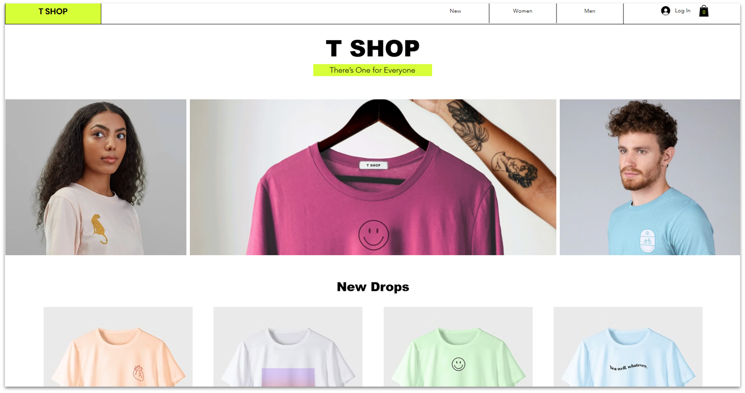 Wix t-shirt store landing page