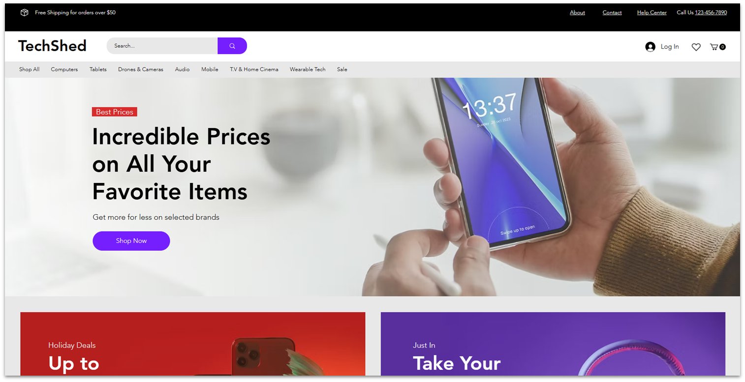 Tech Shop Template landing page for TechShed
