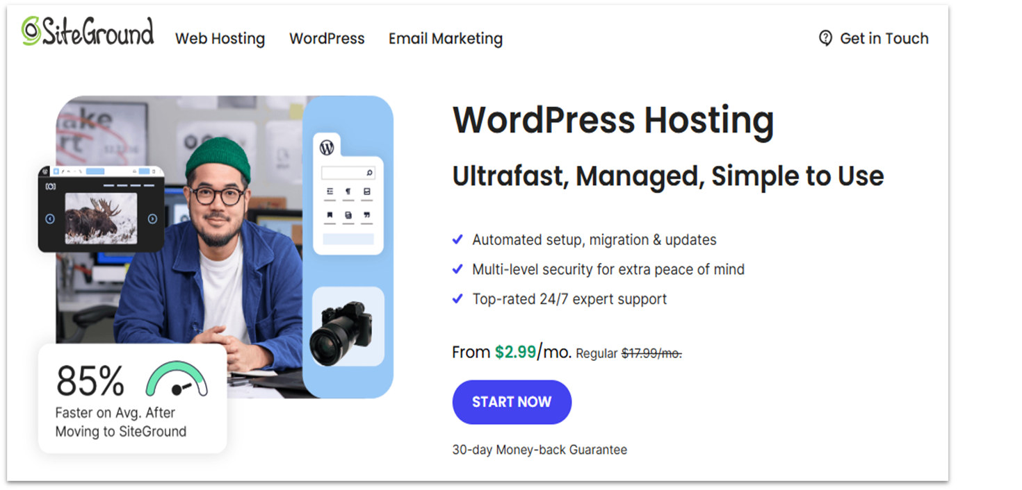 SiteGround WordPress hosting landing page