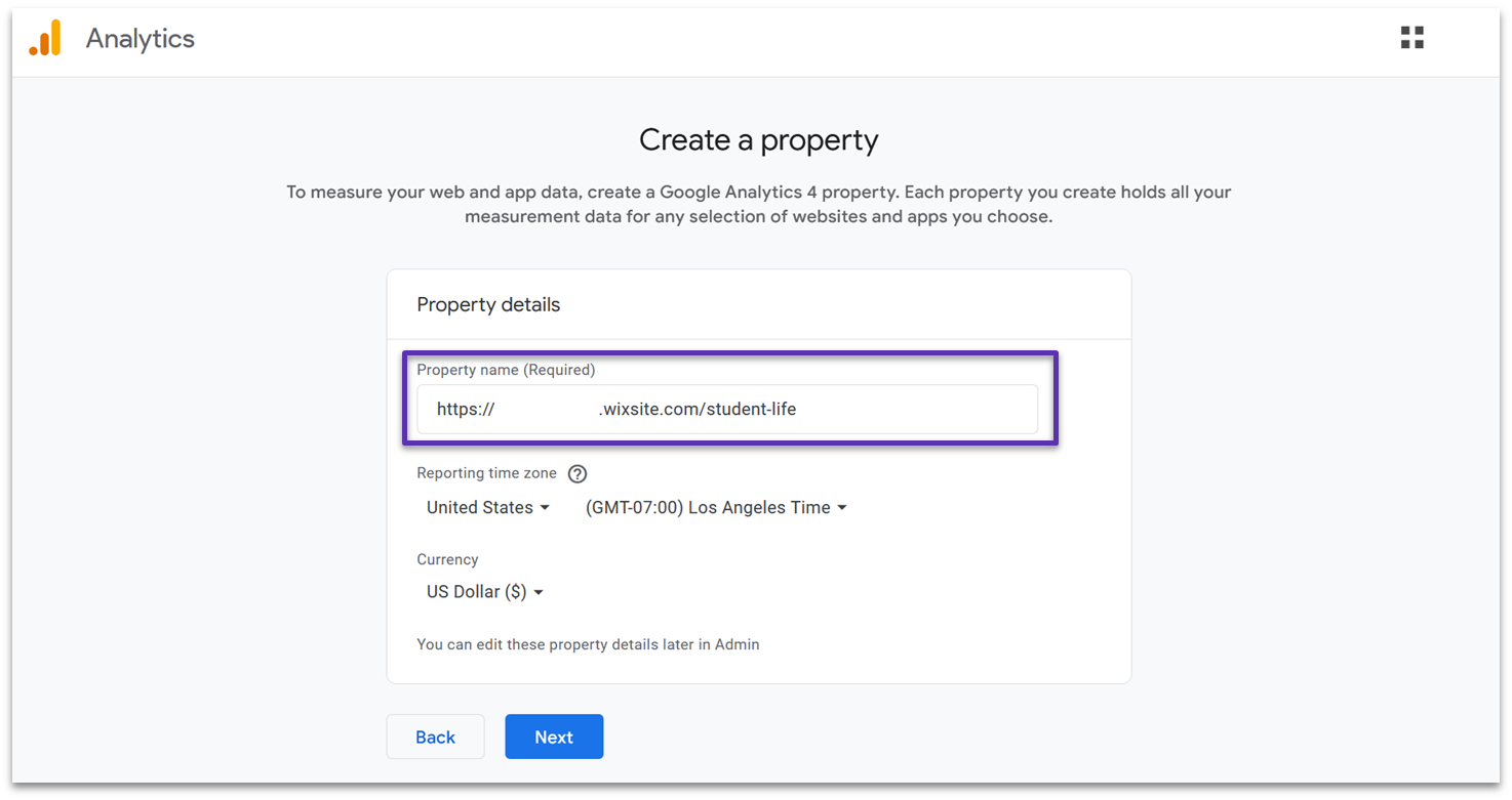 Google Analytics 4 property creation screen