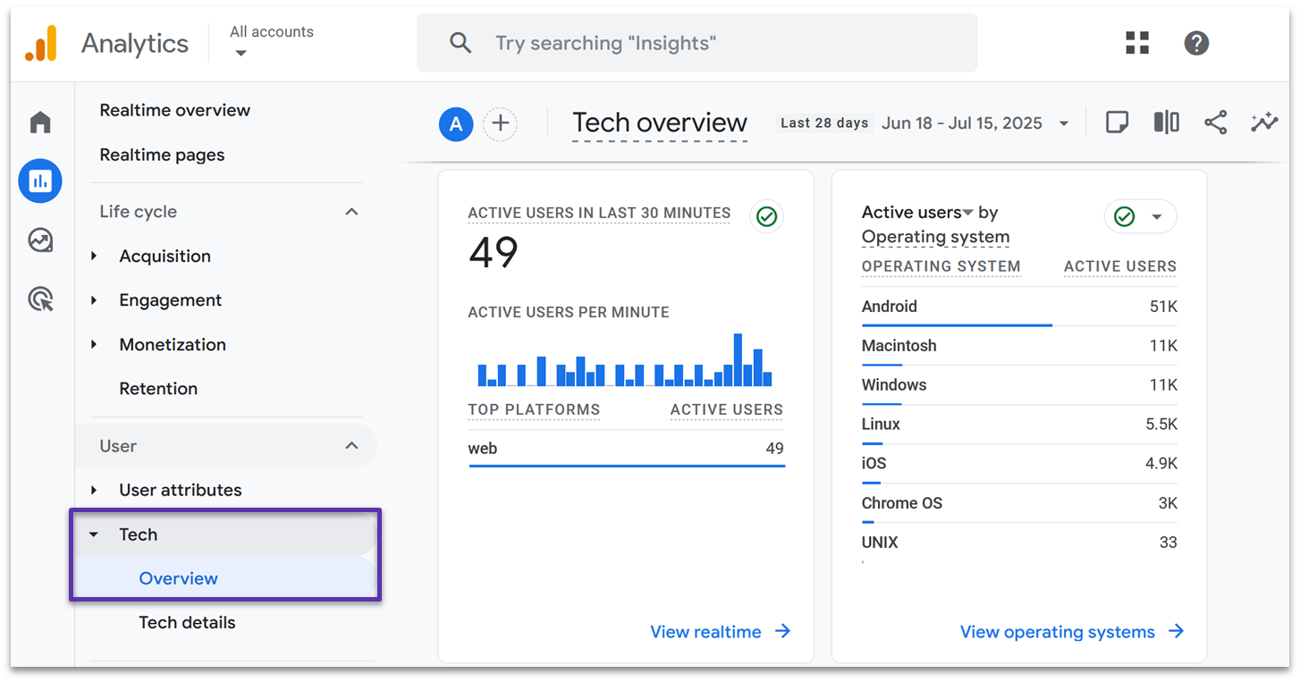 GA4 tech reports overview