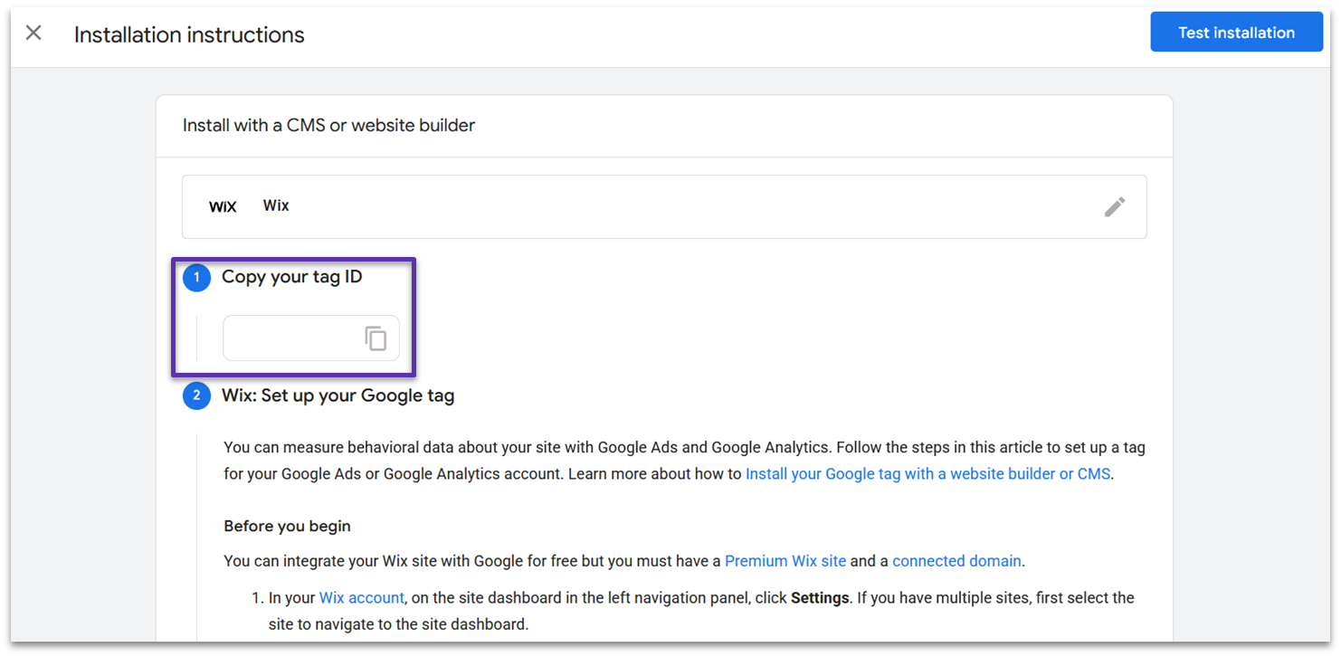 Google tag instructions for Wix