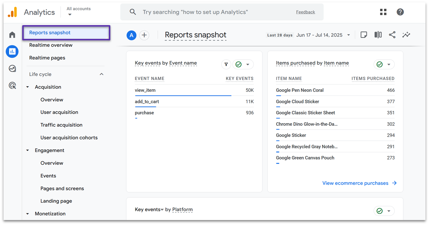 GA4 reports snapshot