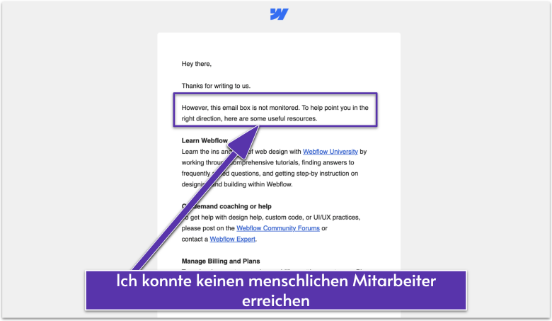 Webflow email support automatic response