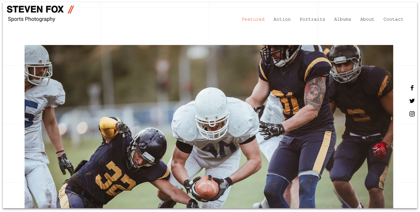 Wix's sports photography template homepage