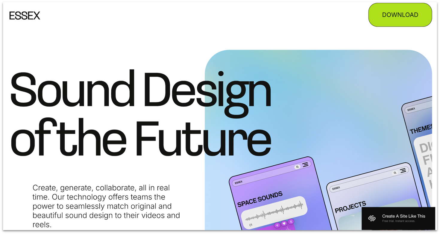 Hero section of Squarespace Essex app launch landing page template with placeholder images of app designs
