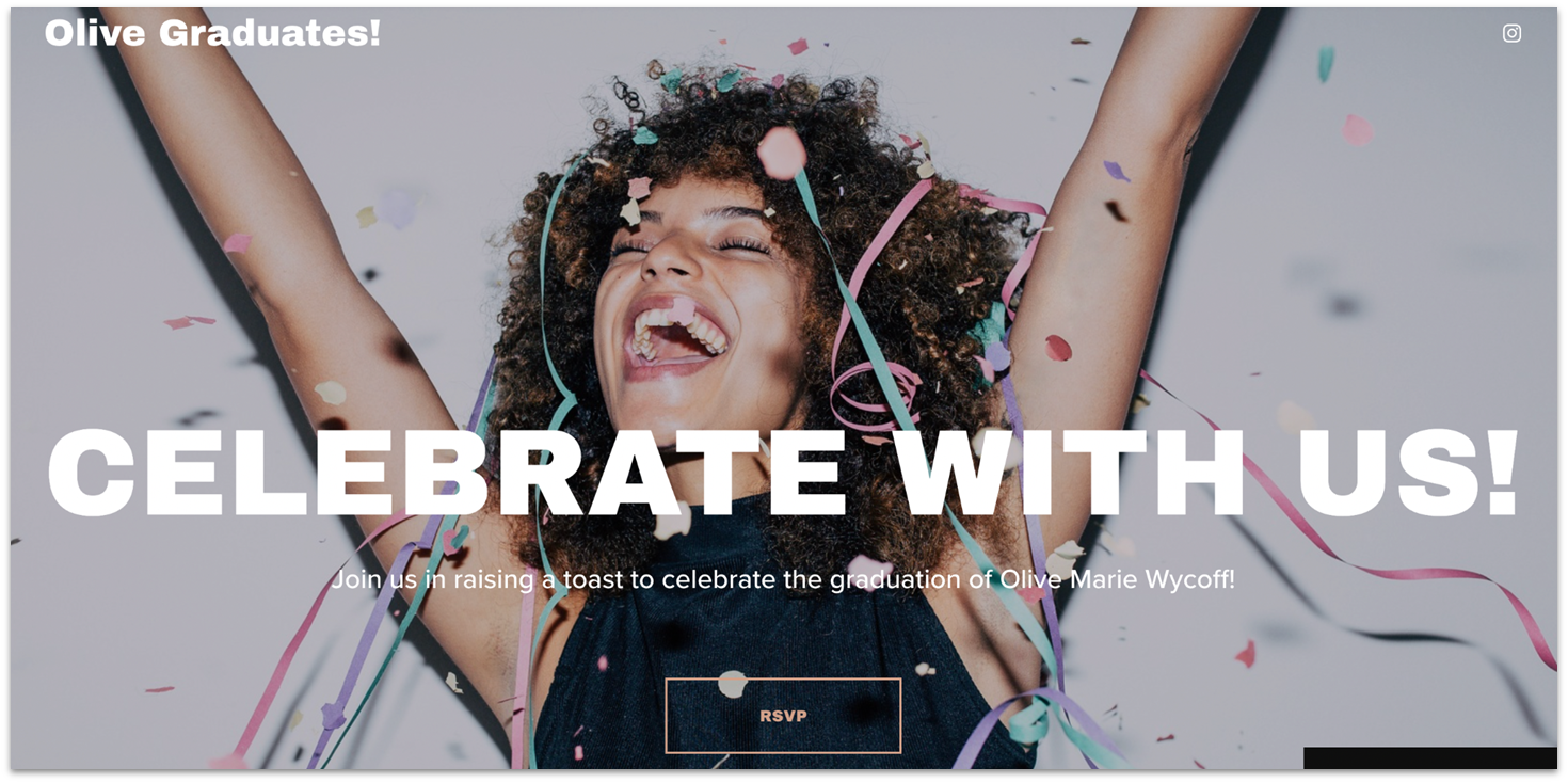 Hero section of Squarespace Wycoff graduates landing page template with placeholder image background of a celebratory student