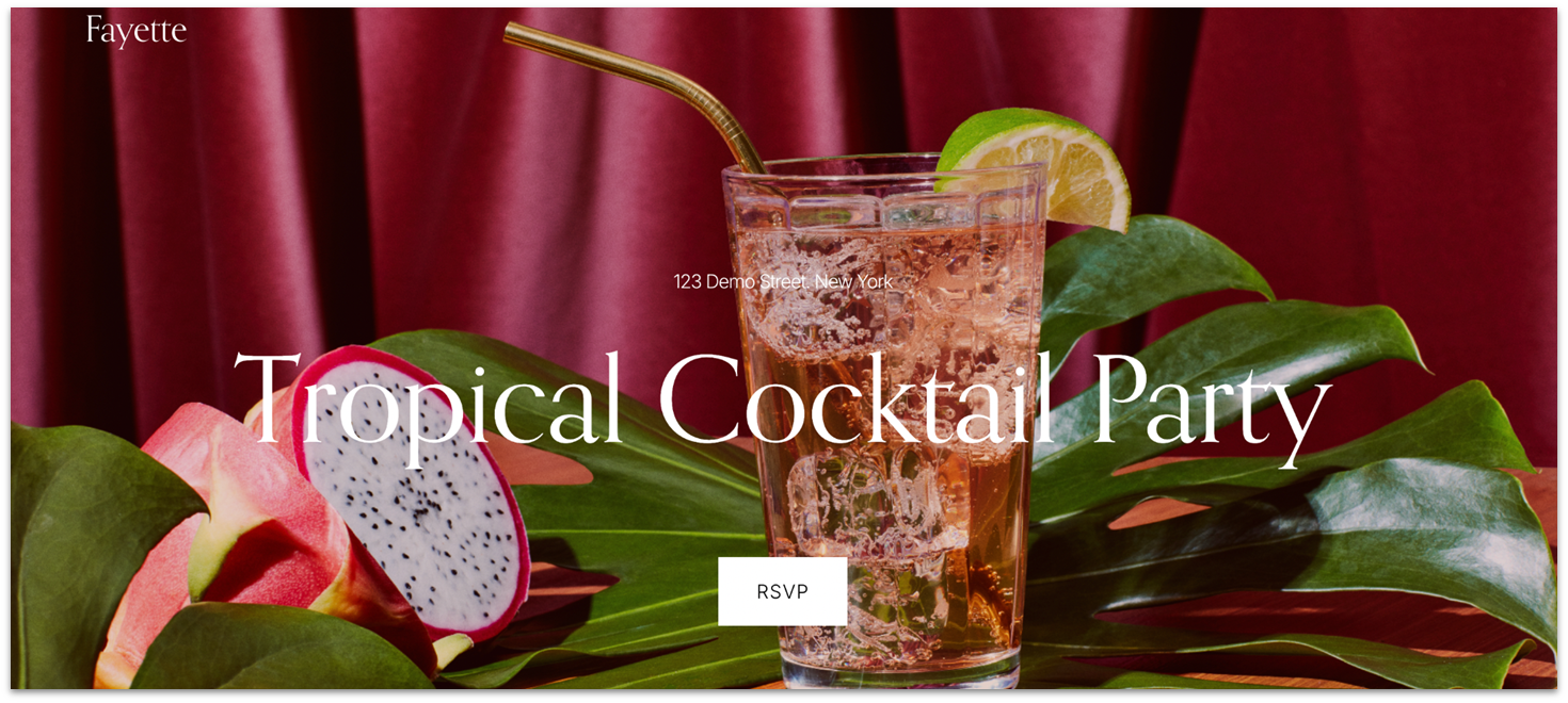 Hero section of Squarespace Fayette cocktail party landing page template with placeholder image background of a cocktail
