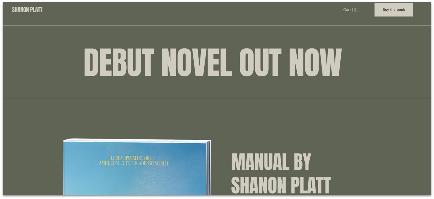 Hero section of Squarespace Manual book launch landing page template with a bold header saying