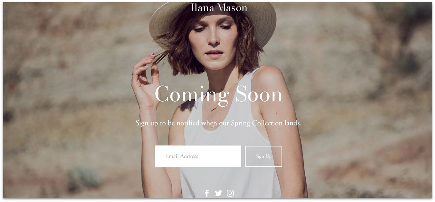 Hero section of Squarespace Mason Coming Soon landing page template with an email sign-up form and image background of a woman in a white tank top