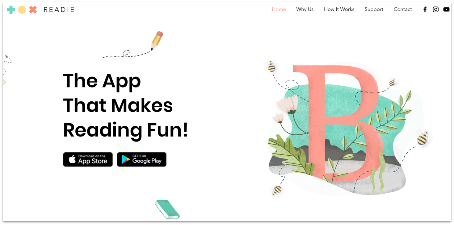 Hero section of Wix Readie app landing page template with download links to Google Play and Apple App Store