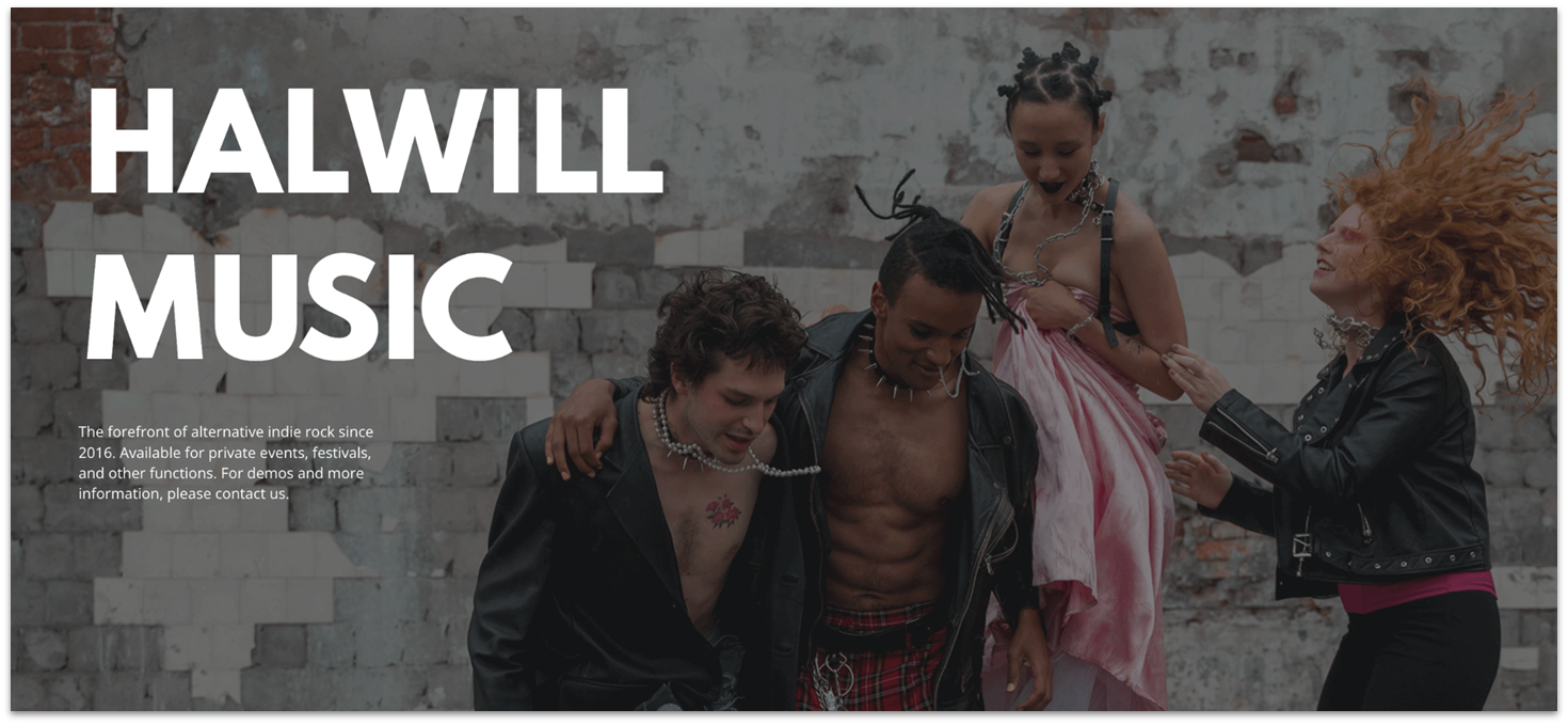 Hero section of Hostinger Halwill musician landing page template with an image background of a musician band