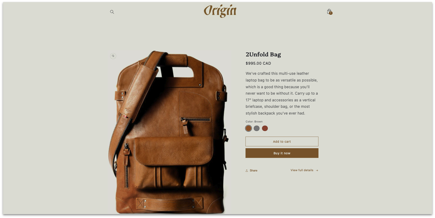 Shopify origin landing page template, showcasing a stylish leather laptop bag.