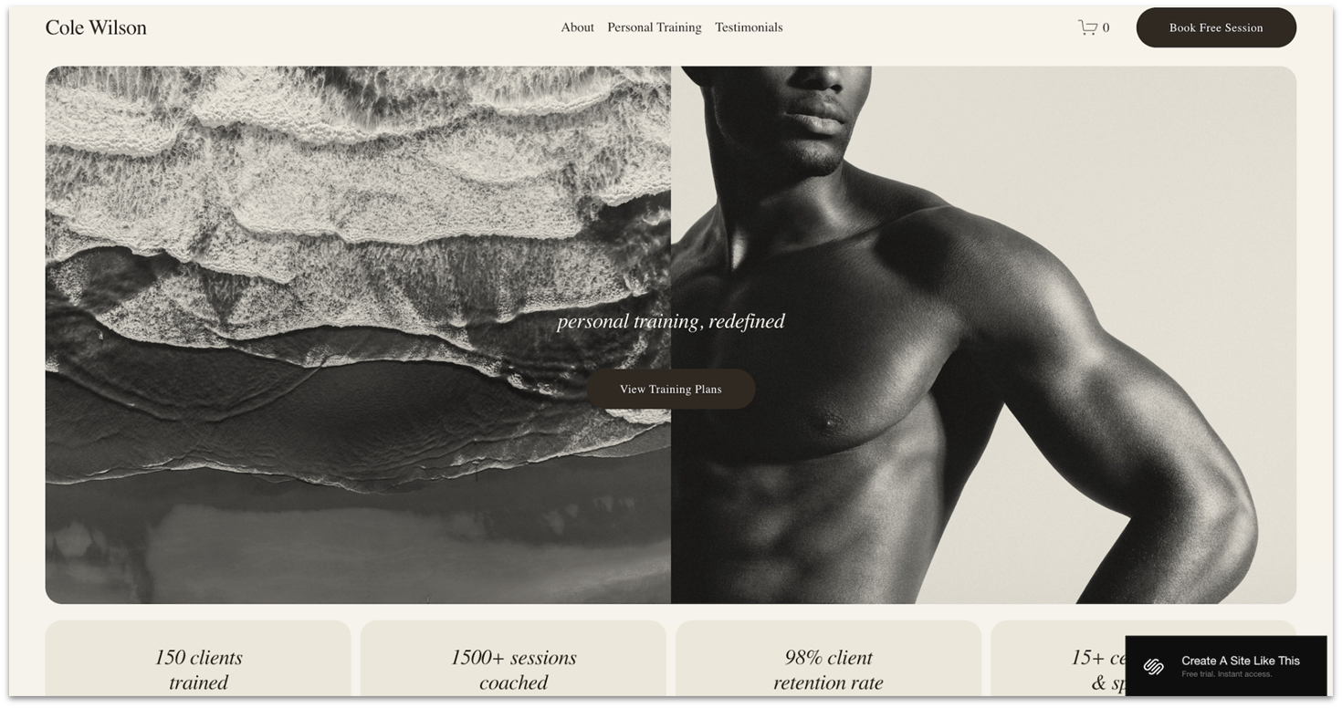 Hero section of Squarespace Cole personal trainer landing page template with placeholder image of a fit male
