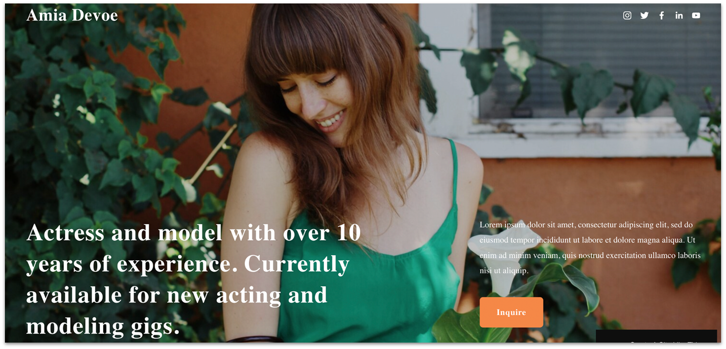 Hero section of Squarespace Devoe landing page template with placeholder image background of an actress
