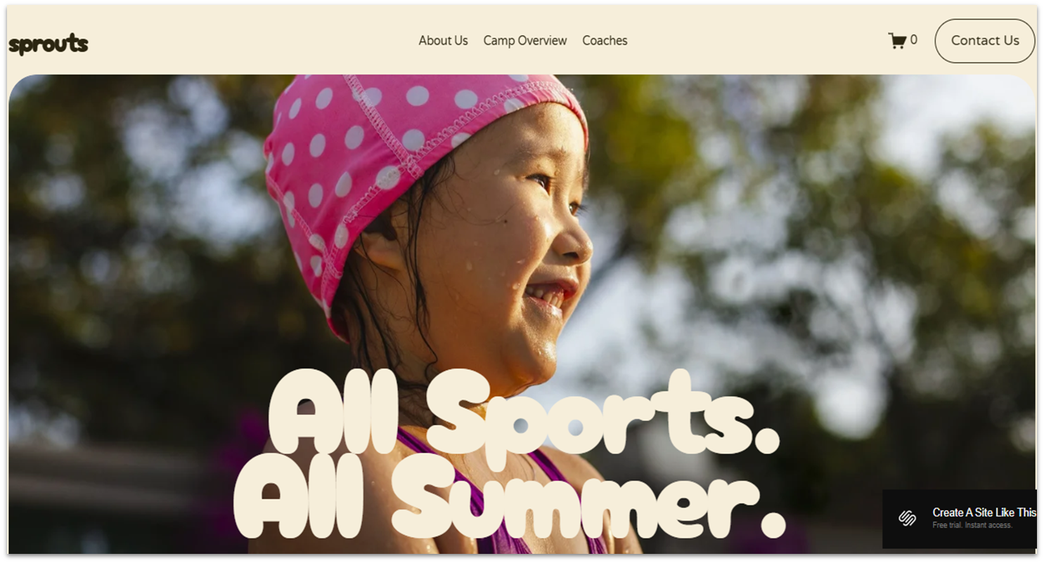 Homepage of a Squarespace template for school camps.
