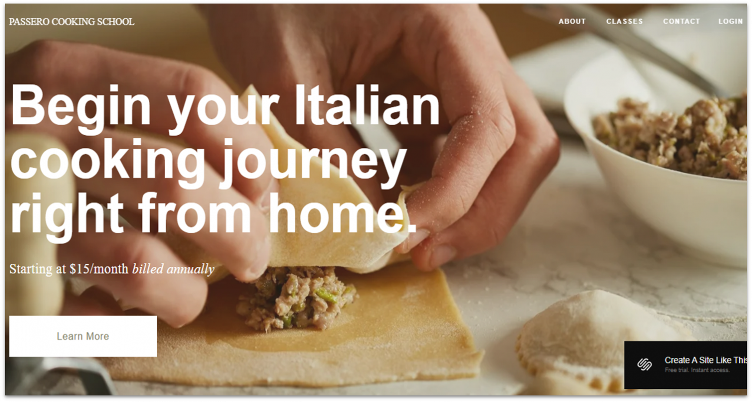 Homepage of a Squarespace template for cooking classes.