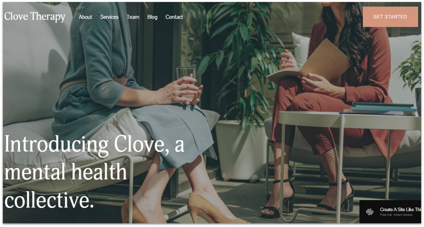 Homepage of a Squarespace template for therapy websites.