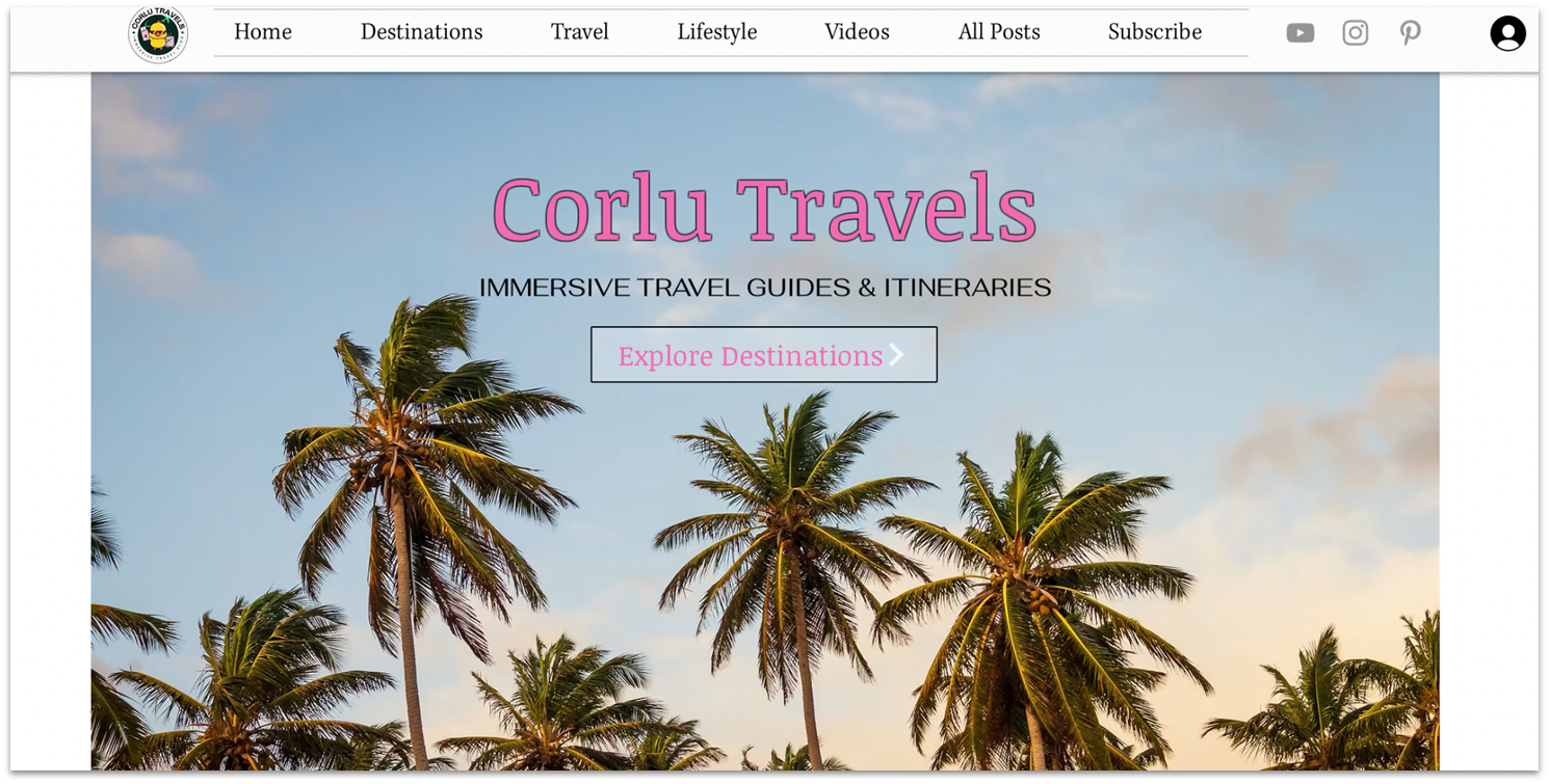 Corlu Travels Wix blog homepage with hero image.